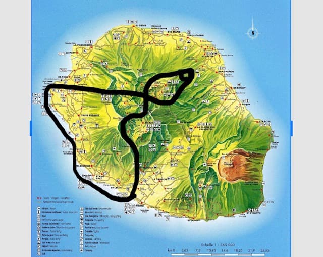 Carte indicative du trajet Cilaos, Salazie & Lagons au départ de Pierrefonds