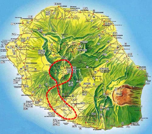 Carte indicative du trajet Cirque de Cilaos au départ de Pierrefonds