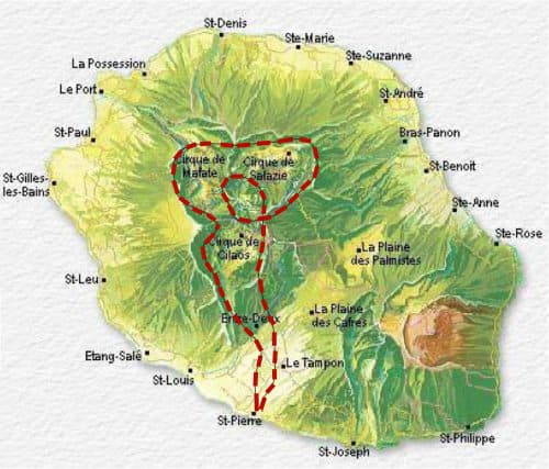 Carte indicative du trajet Trois Cirques & Piton des Neiges au départ de Pierrefonds