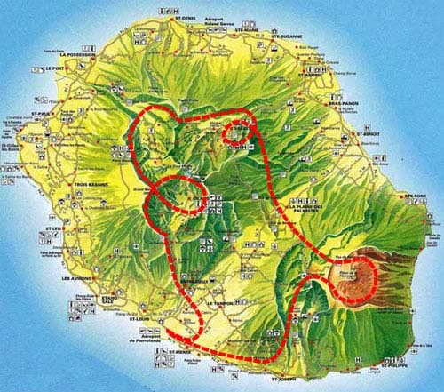 Carte indicative du trajet Trois Cirques & Volcan au départ de Pierrefonds